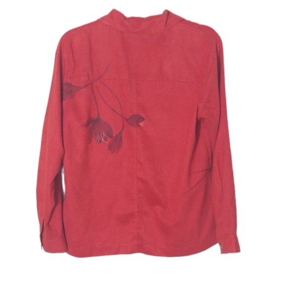 Chico's size 1 brushed polyester floral button down shirt top blouse Medium Red - Picture 7 of 7